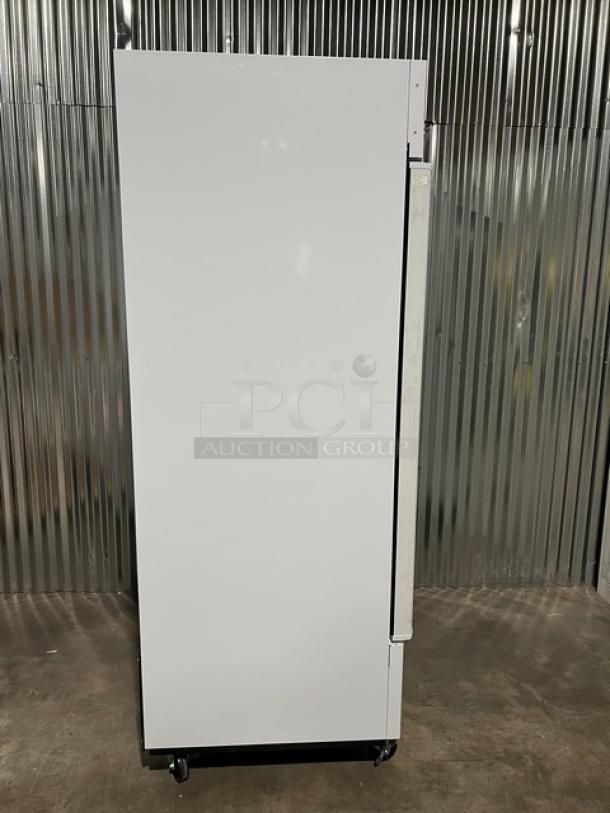 Brand new Blue Air BGM23WHC white commercial reach-in refrigerator, single glass door, on casters, poly-coated rack.
