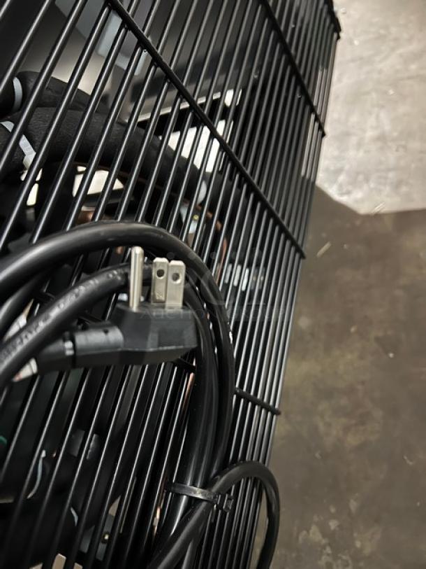 Brand new Blue Air BGM23W-HC commercial refrigerator, single glass door, poly coated rack, on casters, 115V, 1 phase.