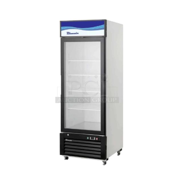 Brand new Blue Air BKGM12HC merchandiser refrigerator, black & white, single glass swing door, on casters, poly-coated rack.