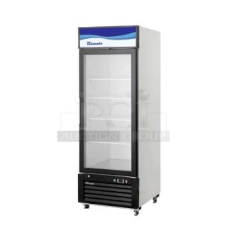 Brand new Blue Air BKGM12HC merchandiser refrigerator, black & white, single glass swing door, on casters, poly-coated rack.