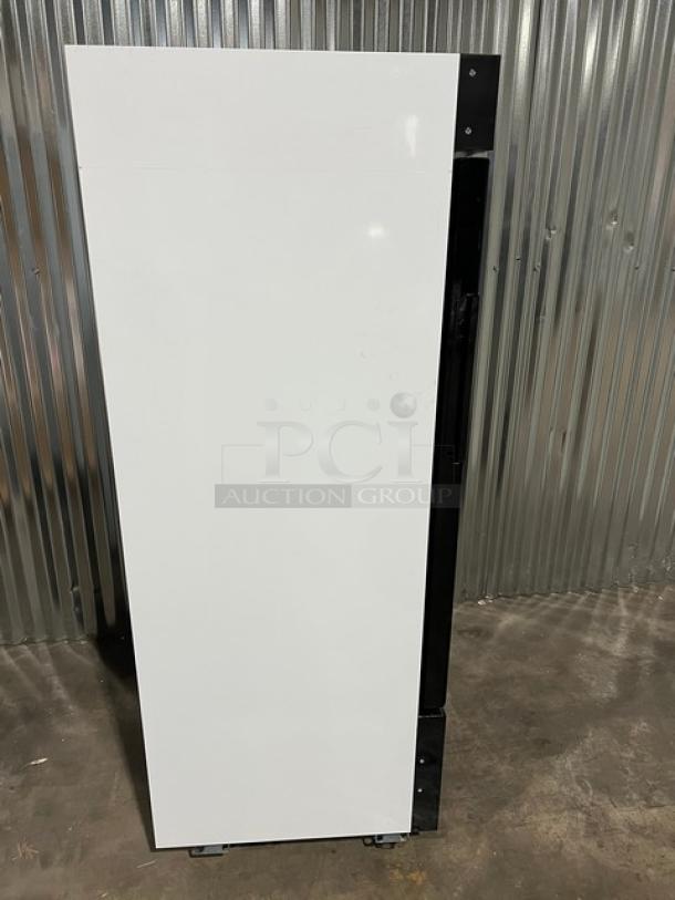 Blue Air BKGM12HC commercial refrigerator with single glass swing door, black and white finish, on casters. Brand new condition.