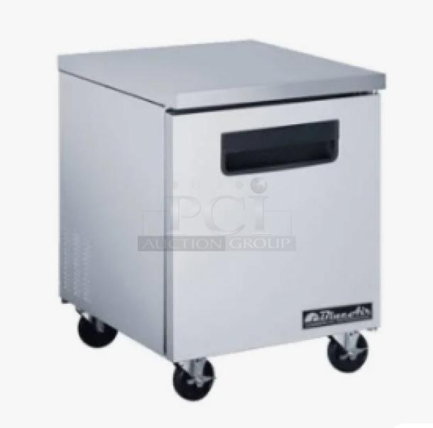 Brand new Blue Air BAUR28 stainless steel undercounter refrigerator, 28" single door, poly coated rack, on casters.