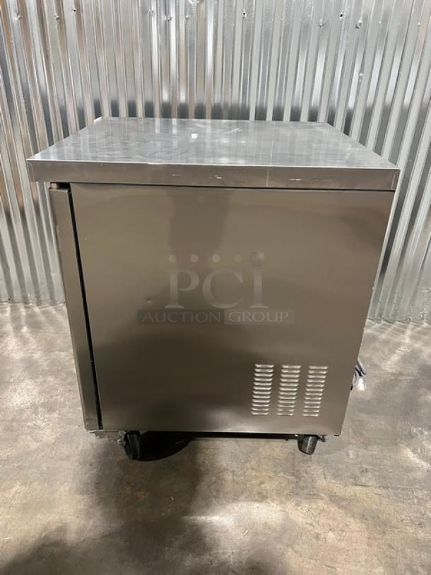 Blue Air BAUR28 stainless steel single door undercounter refrigerator, brand new, on casters, poly coated rack, 115V.