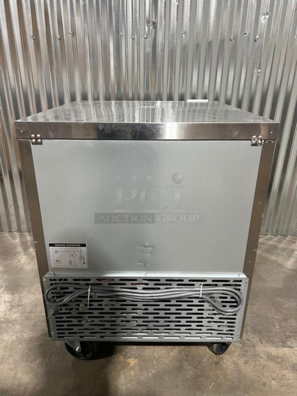 Blue Air BAUR28 stainless steel single door undercounter refrigerator, brand new, poly coated rack, on casters.