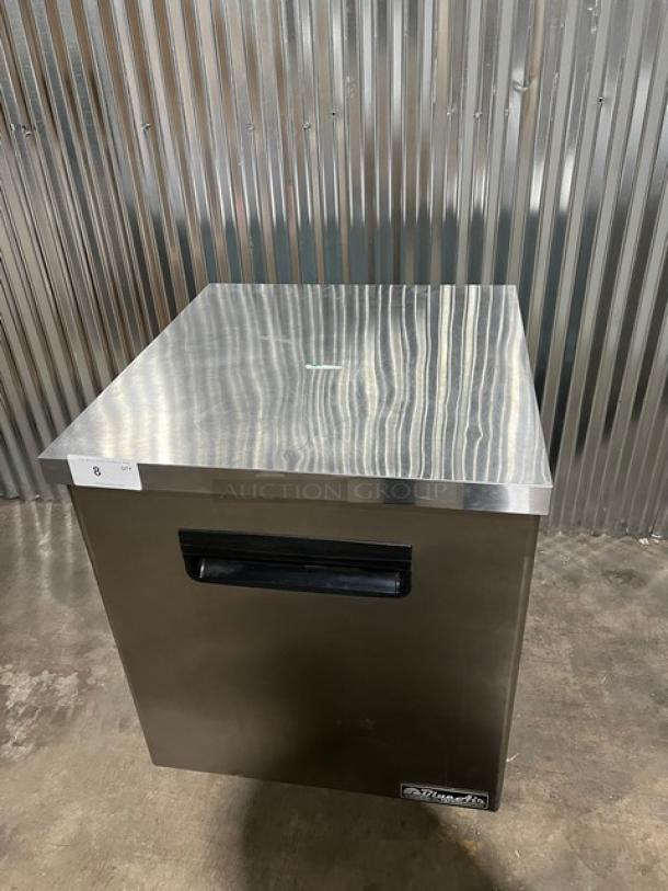 Brand new Blue Air BAUR28 stainless steel undercounter refrigerator, single door, poly coated rack, on casters, 115V.