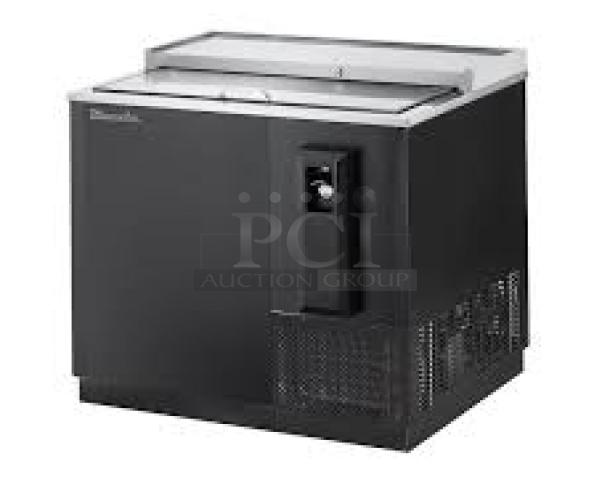 Blue Air BGF36B glass froster/bottle cooler, black, 36", stainless steel worktop, slide-back lid, on casters, brand new.