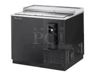 Blue Air BGF36B glass froster/bottle cooler, black, 36", stainless steel worktop, slide-back lid, on casters, brand new.