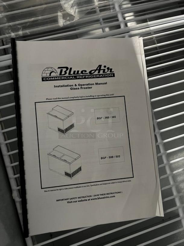 Blue Air Model BGF-36B glass froster manual on poly-coated wire rack.