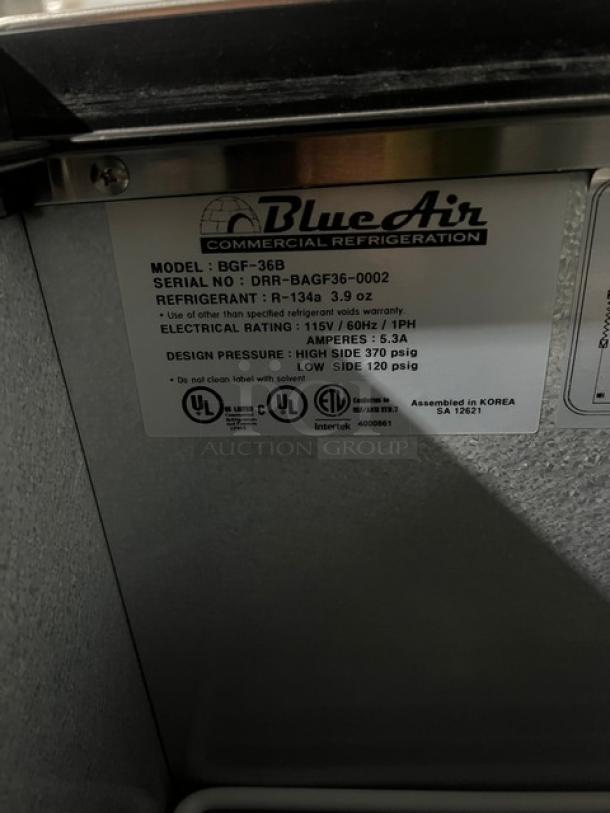 Blue Air BGF-36B commercial glass froster label, showing model, serial number, and electrical specifications.