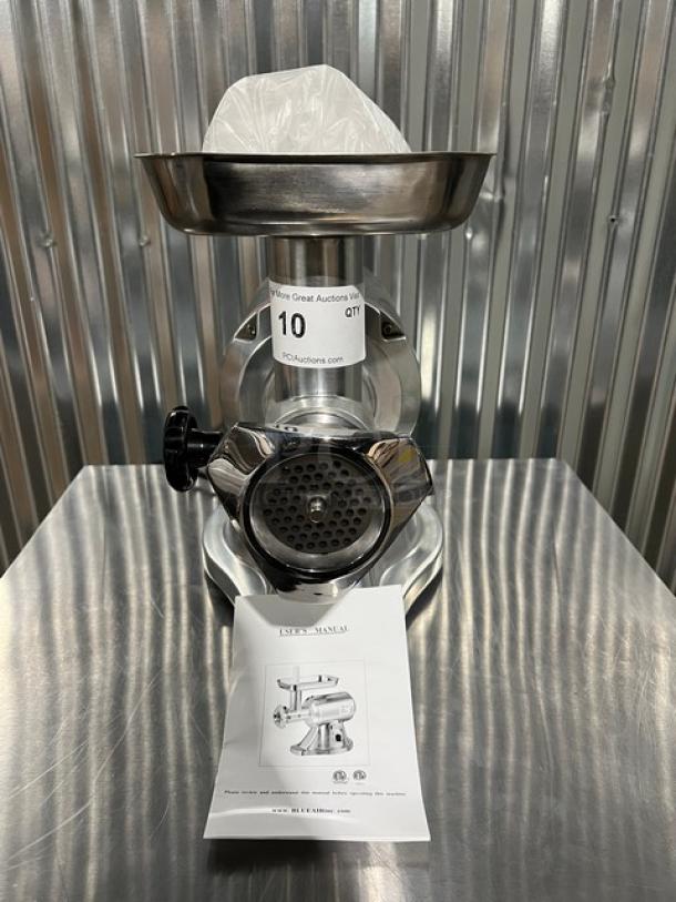 Brand new Blue Air BMG480 electric meat grinder, stainless steel, with removable bowl/tray, includes manual, 110-120V, 1 phase.