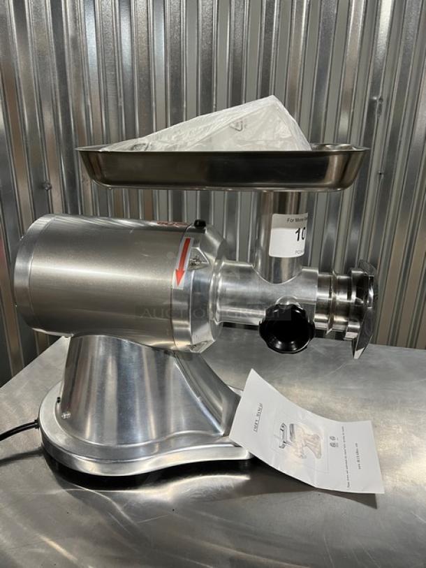 Brand new Blue Air BMG480 stainless steel commercial meat grinder, electric powered, with removable bowl and feeding tray.