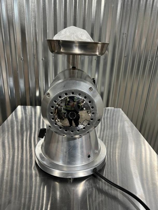 Brand new Blue Air BMG480 stainless steel meat grinder with removable bowl, feeding tray, and electric power. Heavy duty.