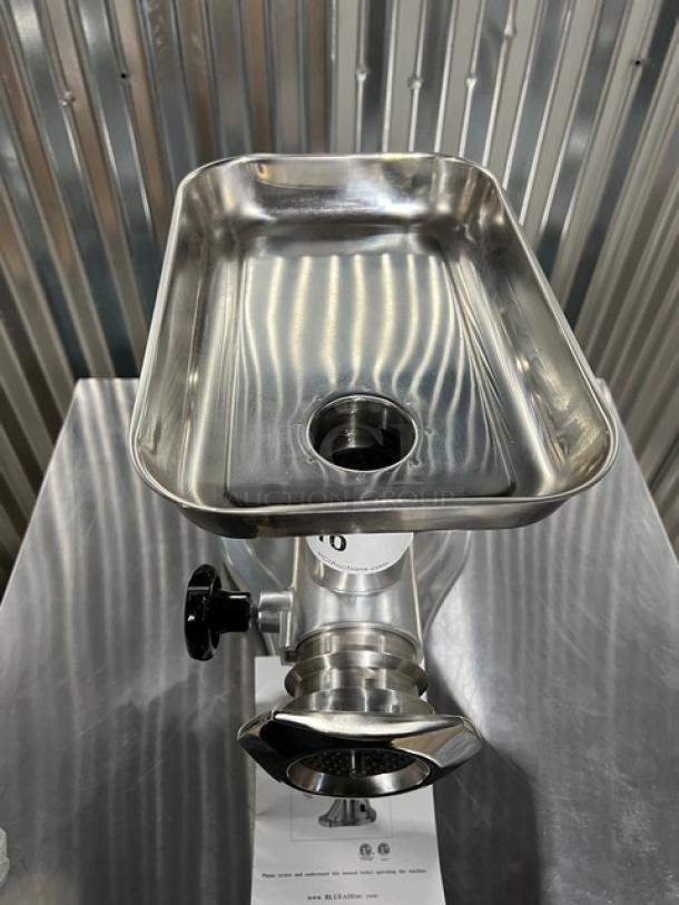 Brand new Blue Air BMG480 stainless steel meat grinder with removable bowl assembly and feeding tray; electric, heavy-duty.