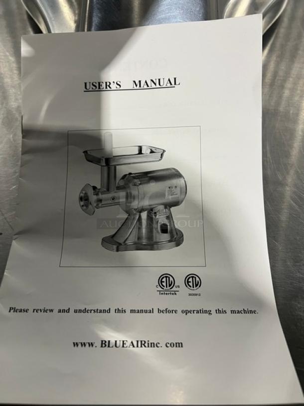 Alt text: User manual for Blue Air BMG480 meat grinder, showing the stainless steel machine with removable bowl assembly.