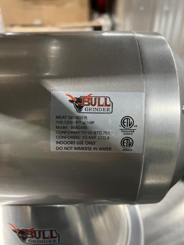 Blue Air BMG480 stainless steel meat grinder, new, with removable bowl, 110-120V, UL and NSF certified, indoor use only.