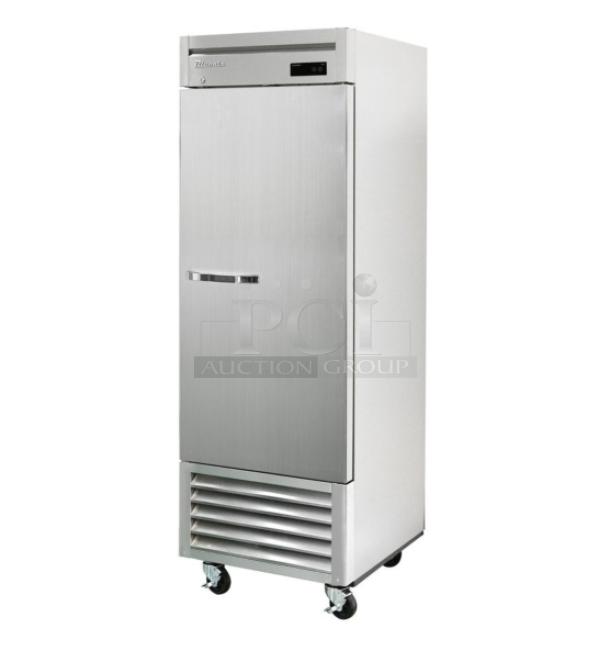 Brand new Blue Air BSF23HC commercial stainless steel single door reach-in bottom mount freezer, 2019 model, on casters.