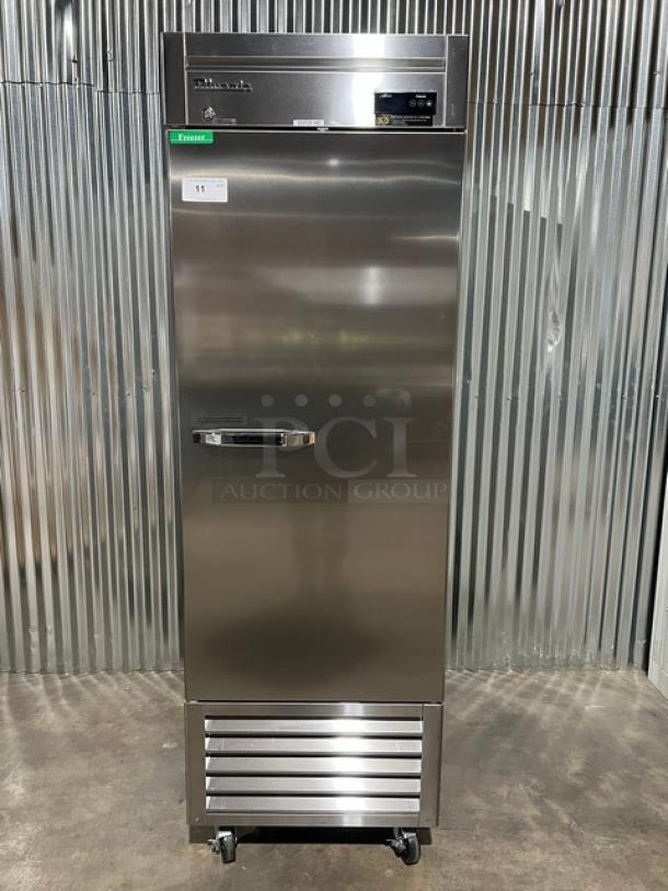 Blue Air BSF23HC commercial stainless steel single door reach-in freezer, 2019 model, on casters, with poly coated rack.