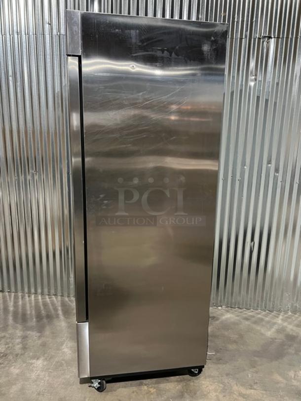 Brand new Blue Air BSF23HC stainless steel single door freezer, 2019 model, on casters, with poly coated wire rack.