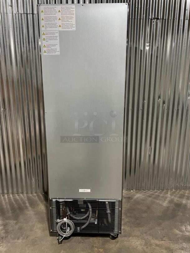 Brand new Blue Air BSF23-HC stainless steel commercial freezer, single door, bottom mount, on casters, model tag visible.