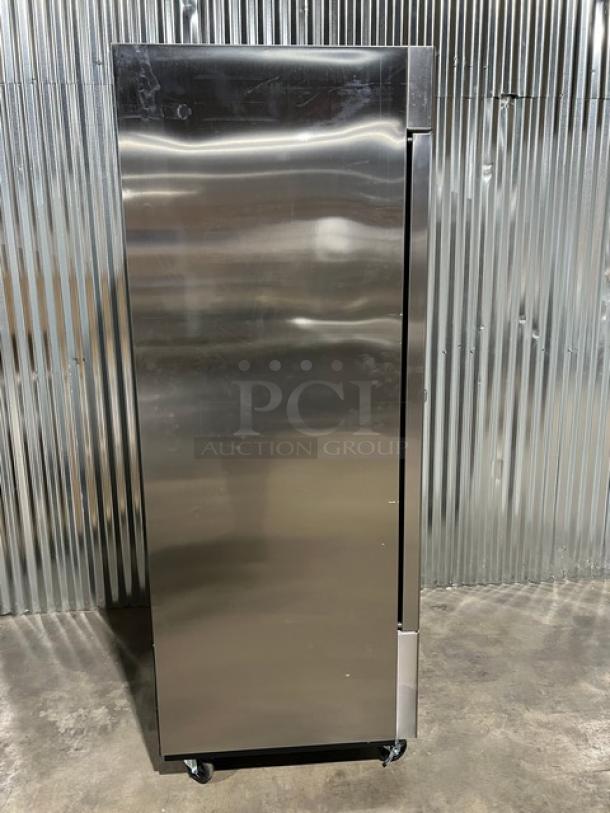 Brand new Blue Air BSF23HC stainless steel single door reach-in freezer, 2019 model on casters, with poly coated rack.