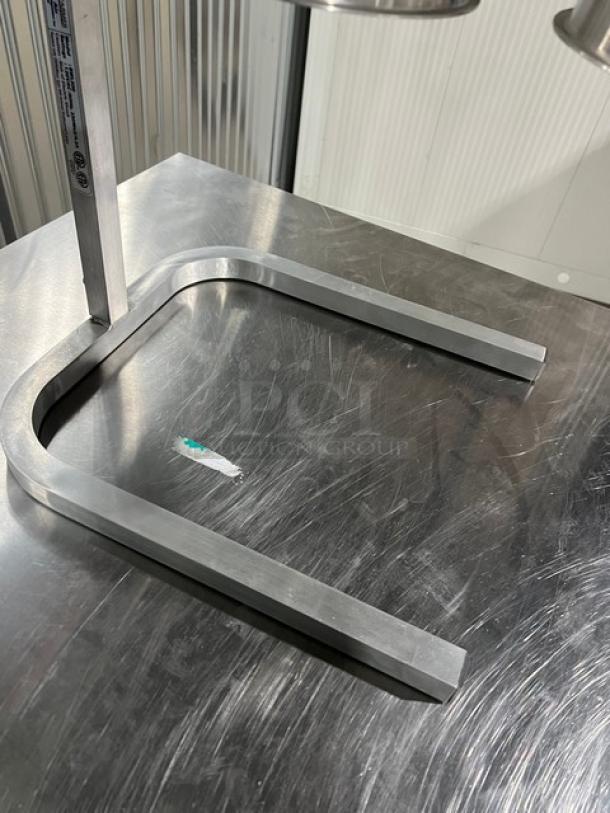 Blue Air Bull-Warmer BWL500 stainless steel countertop heat lamp with high polish finish, 120V, dual infrared bulbs, on legs.