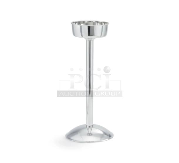 Brand new Vollrath stainless steel wine bucket stand, model 47611, with mirror finish and pedestal base.