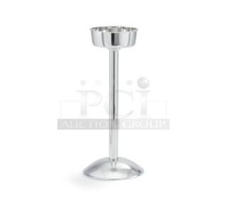 Brand new Vollrath stainless steel wine bucket stand, model 47611, with mirror finish and pedestal base.