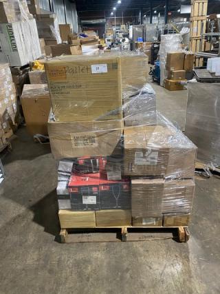 Mixed pallet with World Centric compostable cups, RCR flute and highball glasses, Steelite plates, Sabert containers; auction item.