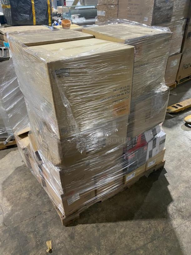 Brand new mixed pallet with World Centric cups, RCR Cristalleria glassware, Steelite plates, and more. Retail packaging.