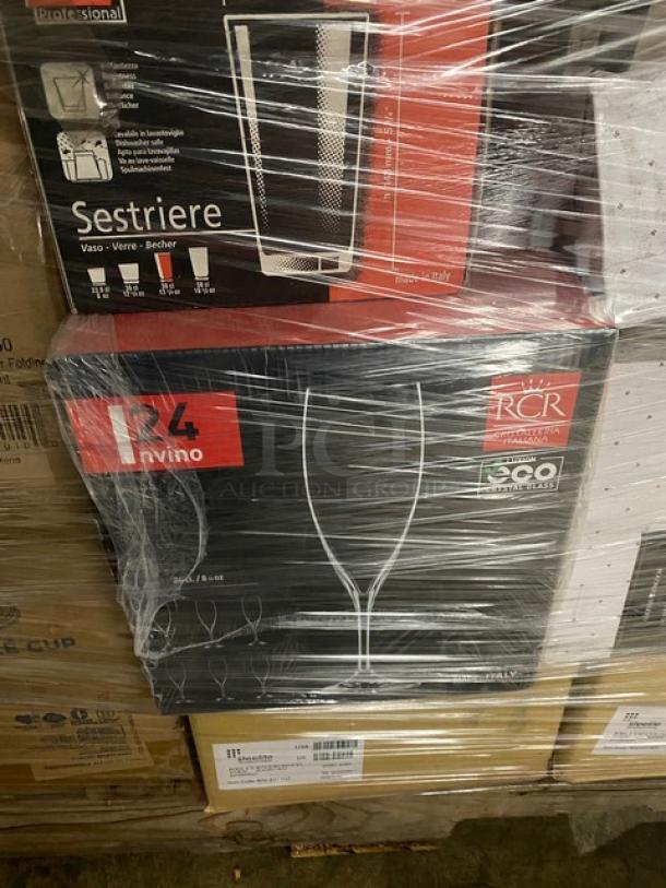Pallet with new mixed commercial kitchenware, including RCR Invino 8.15 oz flute glasses, RCR Sestriere 13.25 oz highball glasses, and other items.