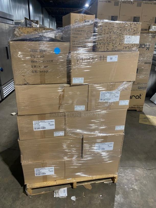 Mixed pallet of boxed commercial items, shrink-wrapped, including Steelite wine glasses, porcelain plates, squeeze bottles, and more.