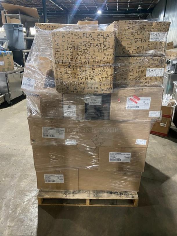 Mixed pallet with Steelite glasses, International Tableware plates, TableCraft bottles, Flat Tech foot rings, and other commercial items, shrink-wrapped on a wooden pallet.