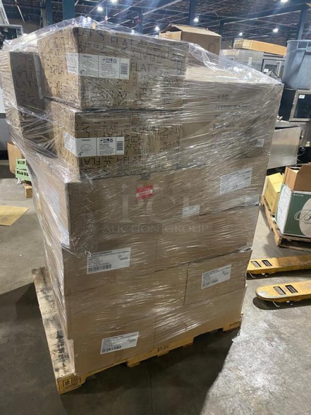 Mixed pallet of new commercial kitchen items, wrapped in plastic. Includes boxed Steelite wine glasses, plates, squeeze bottles, and more.
