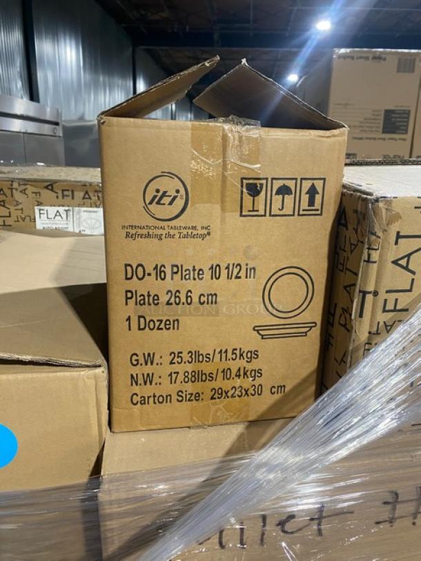 Box of International Tableware 10-1/2" white porcelain plates, model DO-16, 1 dozen per case, unopened and stacked.