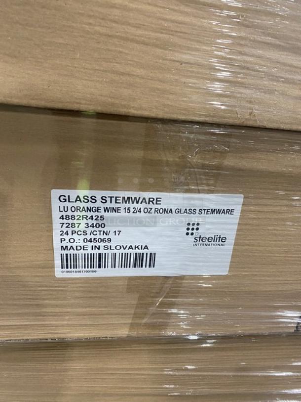 Mixed pallet of commercial items including Steelite Rona Linea Umana 15.5 oz wine glasses, ITI Dover 10.5" plates, TableCraft 12 oz squeeze bottles, Flat Tech foot rings, Winco disher with green grip, and ABC speed rail. Each item in new condition, models and quantities specified.