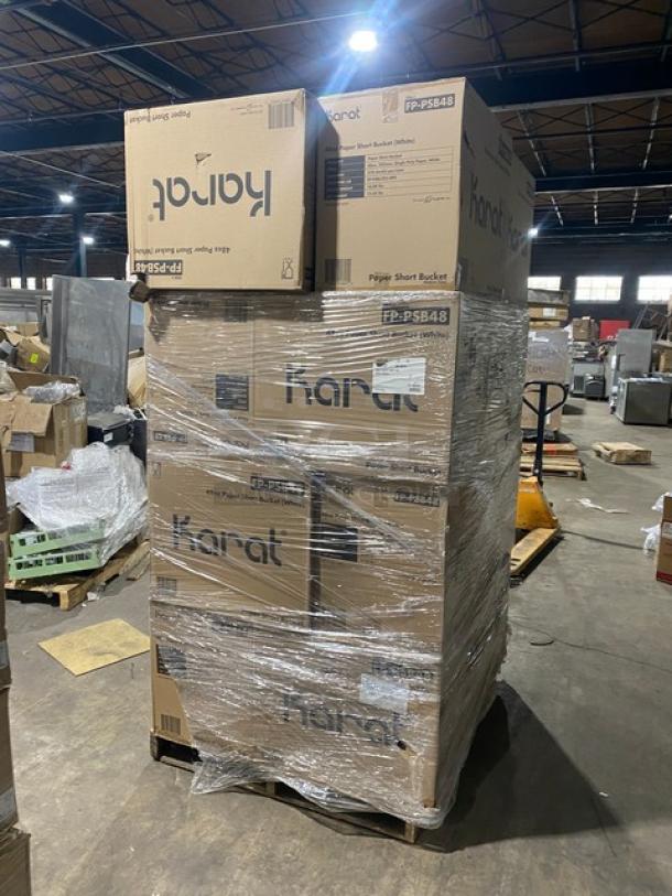 Full pallet of new Karat White 48 Oz. Round Short Paper Food Buckets, model FP-PSB48, wrapped on warehouse floor.
