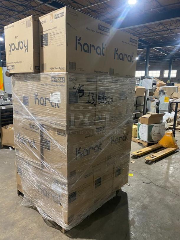 Pallet of Karat FP-PSB48 48 Oz. White Round Short Paper Food Buckets, 270 per case, new and wrapped in warehouse.
