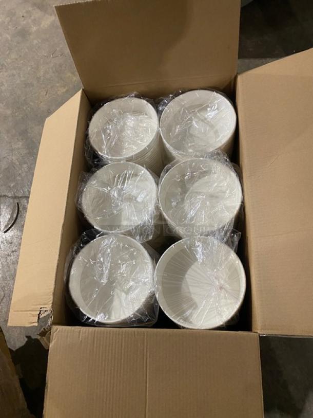 Box of Karat Model FP-PSB48 48 oz. white paper food buckets. New condition, 270 per case, wrapped in plastic.