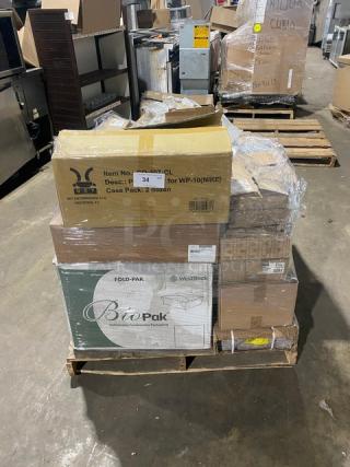 Mixed pallet with G.E.T. Evolution Series plate covers, Vollrath salt shakers, dish racks, pan lids, all brand new.