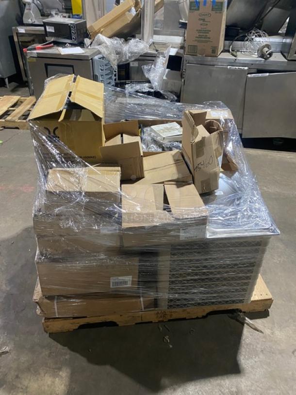 Mixed pallet of commercial kitchen items, including G.E.T. plate covers, Vollrath salt shakers, and steamtable pans. Brand new.