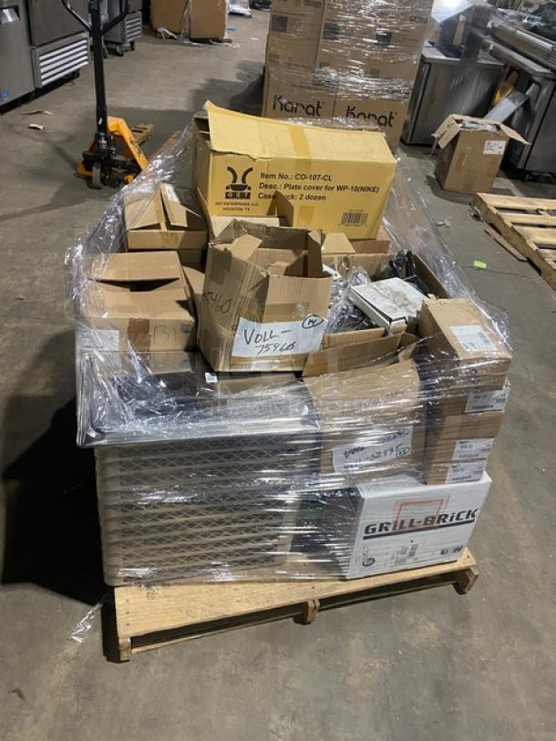Mixed pallet of commercial kitchenware including G.E.T. plate covers, Vollrath salt shakers, steam table pans, and dish racks. Brand new.