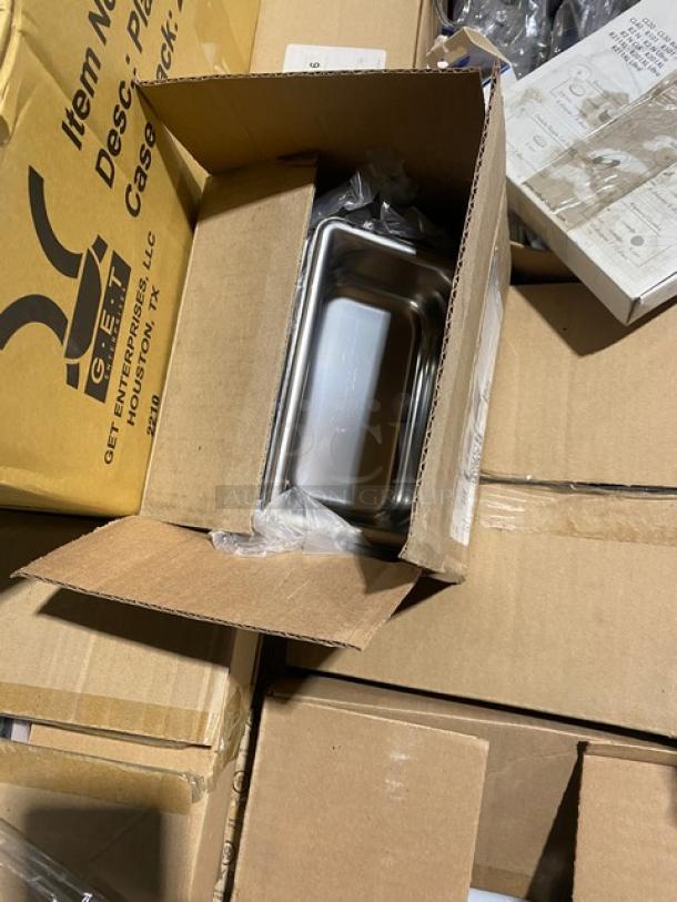 Brand new mixed pallet containing G.E.T. Evolution Series plate cover, Vollrath salt & pepper shakers, steam table pans, and more.