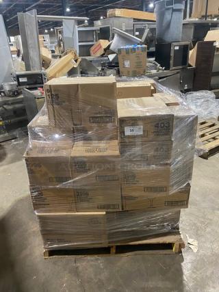 Pallet of mixed Libbey glassware: pilsner, flute, beverage, highball, iced tea, wine glasses; new in original boxes.