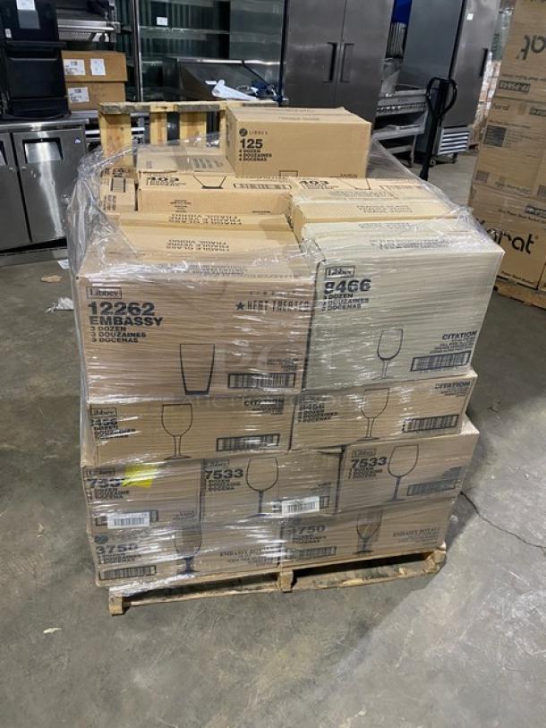 Mixed pallet of brand new Libbey glassware, various models. Includes customizable stemmed pilsner and wine glasses.