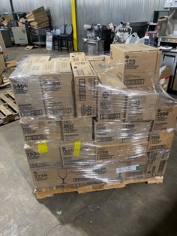 Mixed pallet of new Libbey glassware, various styles and models. Boxes labeled, sealed, and ready for shipment.