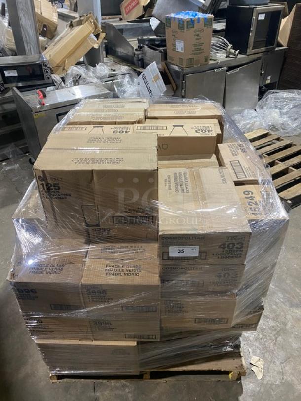 Mixed pallet of Libbey glassware, including customizable pilsner, flute, beverage, and wine glasses. New in cases. Models: 3728, 3996, 403, 125, 3750, 2325, 7533, 8456, 12262.