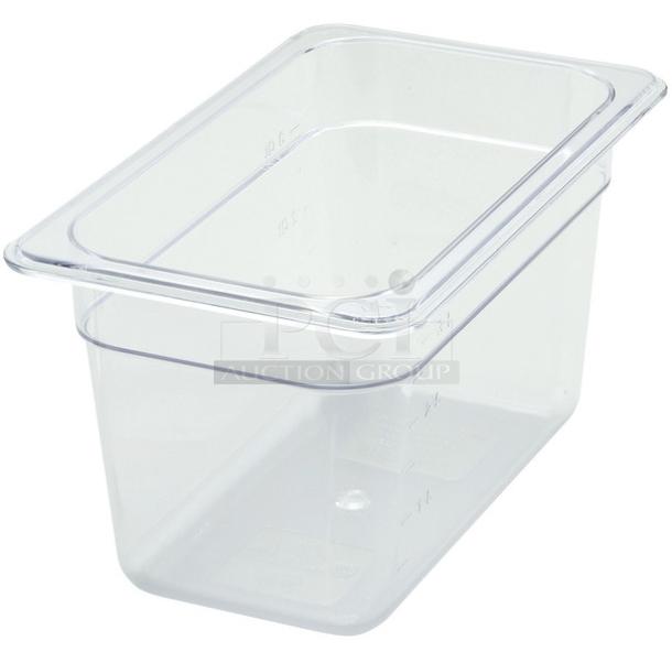 Brand new Winco SP7406/SP7400C clear polycarbonate 1/4-size food pan, 6" deep, with slotted lid, commercial use.