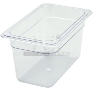 Brand new Winco SP7406/SP7400C clear polycarbonate 1/4-size food pan, 6" deep, with slotted lid, commercial use.