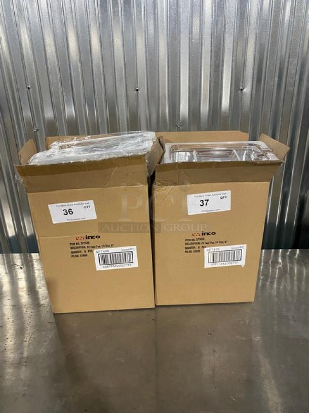 Brand new Winco SP7406/SP7400C polycarbonate food pans with slotted lids, 1/4-size, 6" deep, in original boxes.