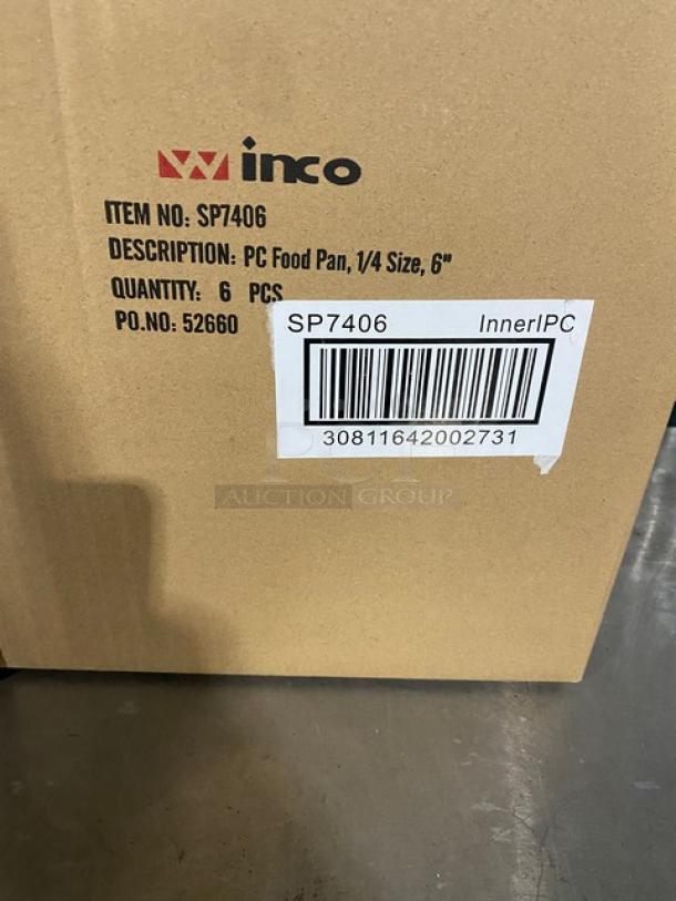 Winco SP7406/SP7400C new 1/4-size 6" deep polycarbonate food pans with lids. Box of 6, labeled with item details and barcode.